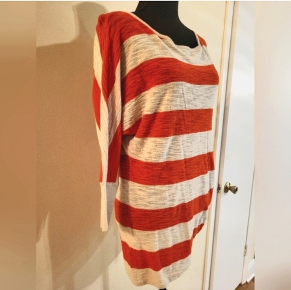 Express Orange & Cream Stripe Sweater W/Sleeves And Ruched Bottom Tie (Size Med) - Picture 3 of 15
